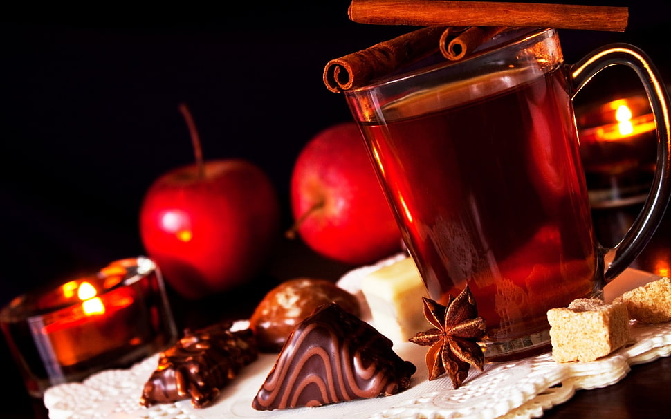 clear drinking glass near chocolates HD wallpaper