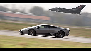 gray Lamborghini Aventador super car, car, jet fighter, motion blur, Lamborghini Reventon HD wallpaper