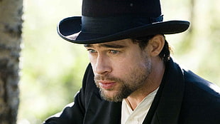 men's black hat and shawl lapel suit jacket, The Assassination of Jesse James by the Coward Robert Ford, Brad Pitt, movies, western