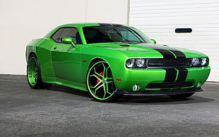 green Dodge Challenger coupe, car, green cars, Dodge Challenger Hellcat, vehicle