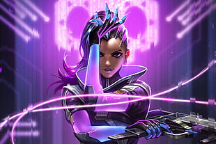 female anime character wearing purple and black suit holding gun digital wallpaper, Overwatch, Sombra (Overwatch), Blizzard Entertainment, video games