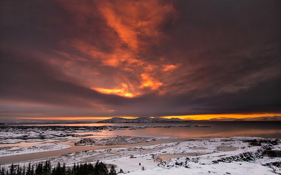 snow mountain, nature, landscape, Iceland, sunset HD wallpaper