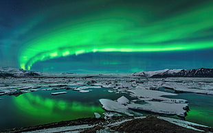 aurora light sky, aurorae, landscape, ice, Iceland