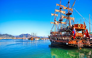 red and brown dragon boat, sailing ship, ship, vehicle