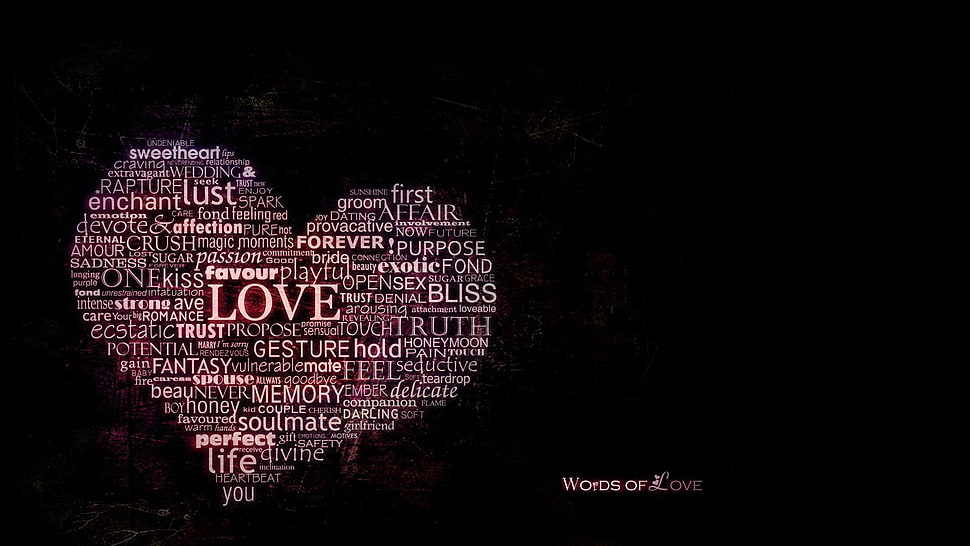 heart-shaped texts, typography, text, word clouds, black background HD wallpaper
