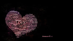 heart-shaped texts, typography, text, word clouds, black background HD wallpaper