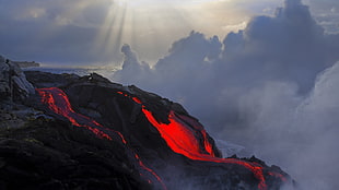 mountain covered in lave, lava, nature, photography, sea