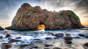 brown rock formation, nature, waves, HDR, stones