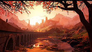 arch bridge painting, illustration, sunset, castle, artwork