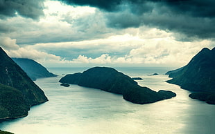 islands and white clouds, landscape, overcast, island, mountains
