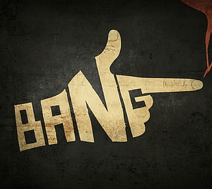 black and white Bang text, artwork, hands, fingers