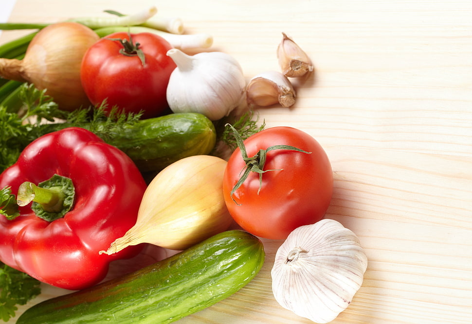 orange tomatoes and vegetables on wooden surface HD wallpaper