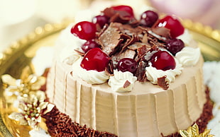 white cake with chocolate and cherry toppings