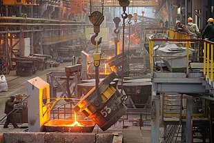 gray and yellow melted metal bucket, factory, workers HD wallpaper