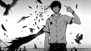 anime man and crow, anime, glasses, crow, Zankyou no Terror