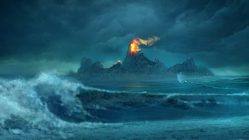 movie still, digital art, sea, waves, island HD wallpaper