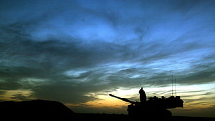 silhouette of person, military, tank, sky, shadow