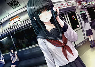 female anime character answering phone call while riding on train