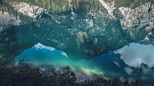 mountains and body of water, nature, water, snow, trees