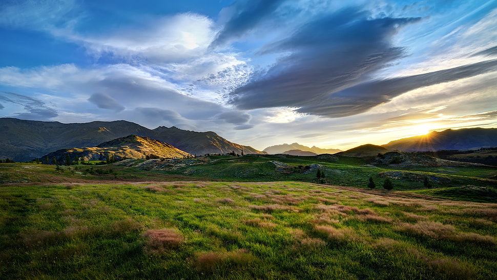 green field, landscape, clouds HD wallpaper