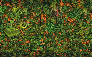 green and orange floral textile, green, orange, joystick, video games