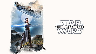 Star Wars The Last Jedi poster, Star Wars: The Last Jedi, Rey (from Star Wars), Millennium Falcon, lightsaber HD wallpaper