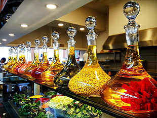 clear glass decanter bottle lot, restaurant, glass, food, reflection