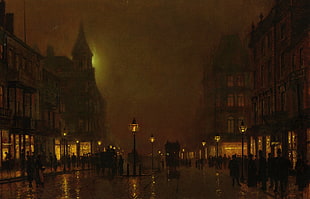 black post lamp, London, drawing, street light, people