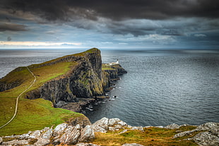 lighthouse on hill with calm sea view, neist point HD wallpaper