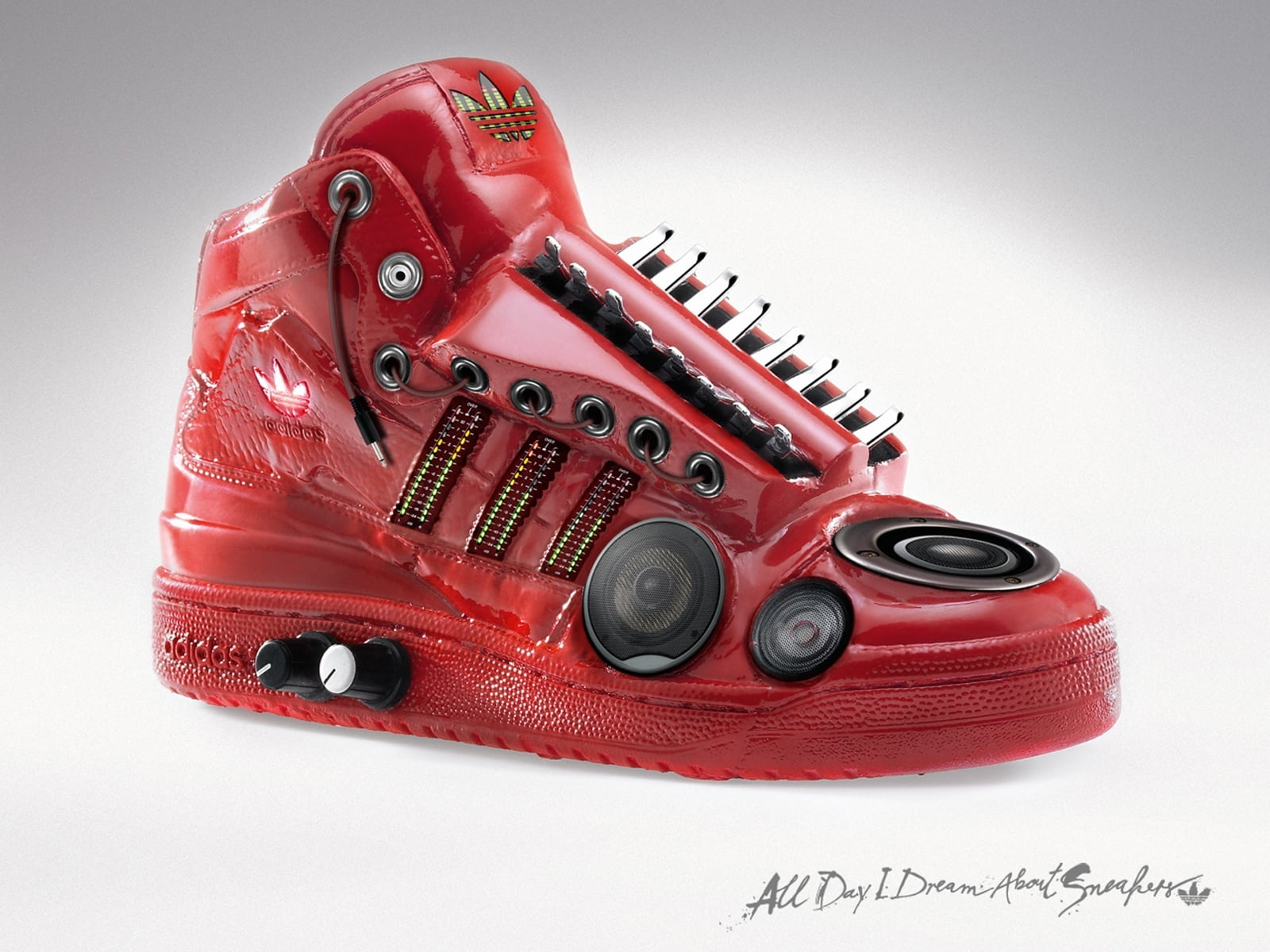 unpaired red leather Adidas high-top sneaker