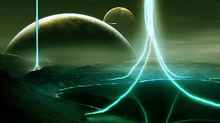 lightning and ocean painting, planet, science fiction, space art, space HD wallpaper