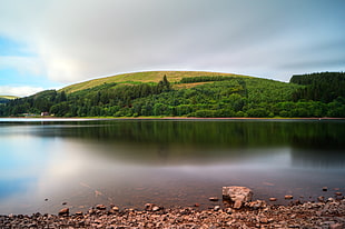 lake near hill with tress HD wallpaper