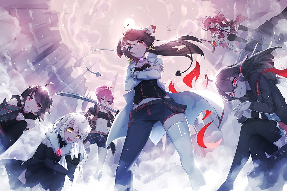 six female anime characters illustration HD wallpaper
