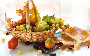 oval brown wicker basket and green grapes, fruit, grapes, pears, food HD wallpaper