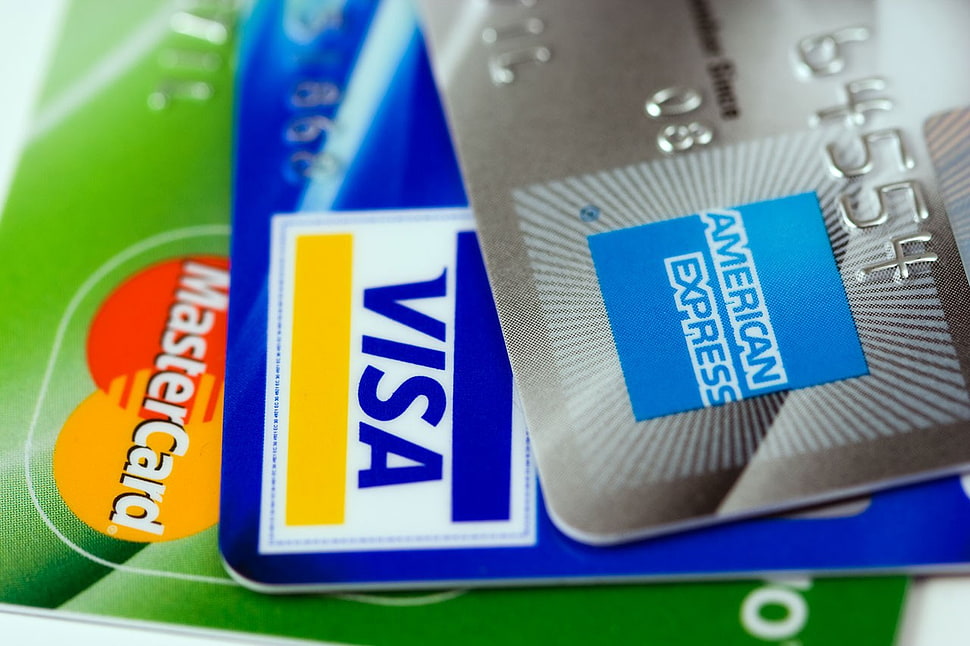 three magnetic stripe cards, credit cards, Visa, Mastercard, American Express HD wallpaper