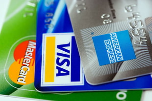 three magnetic stripe cards, credit cards, Visa, Mastercard, American Express HD wallpaper