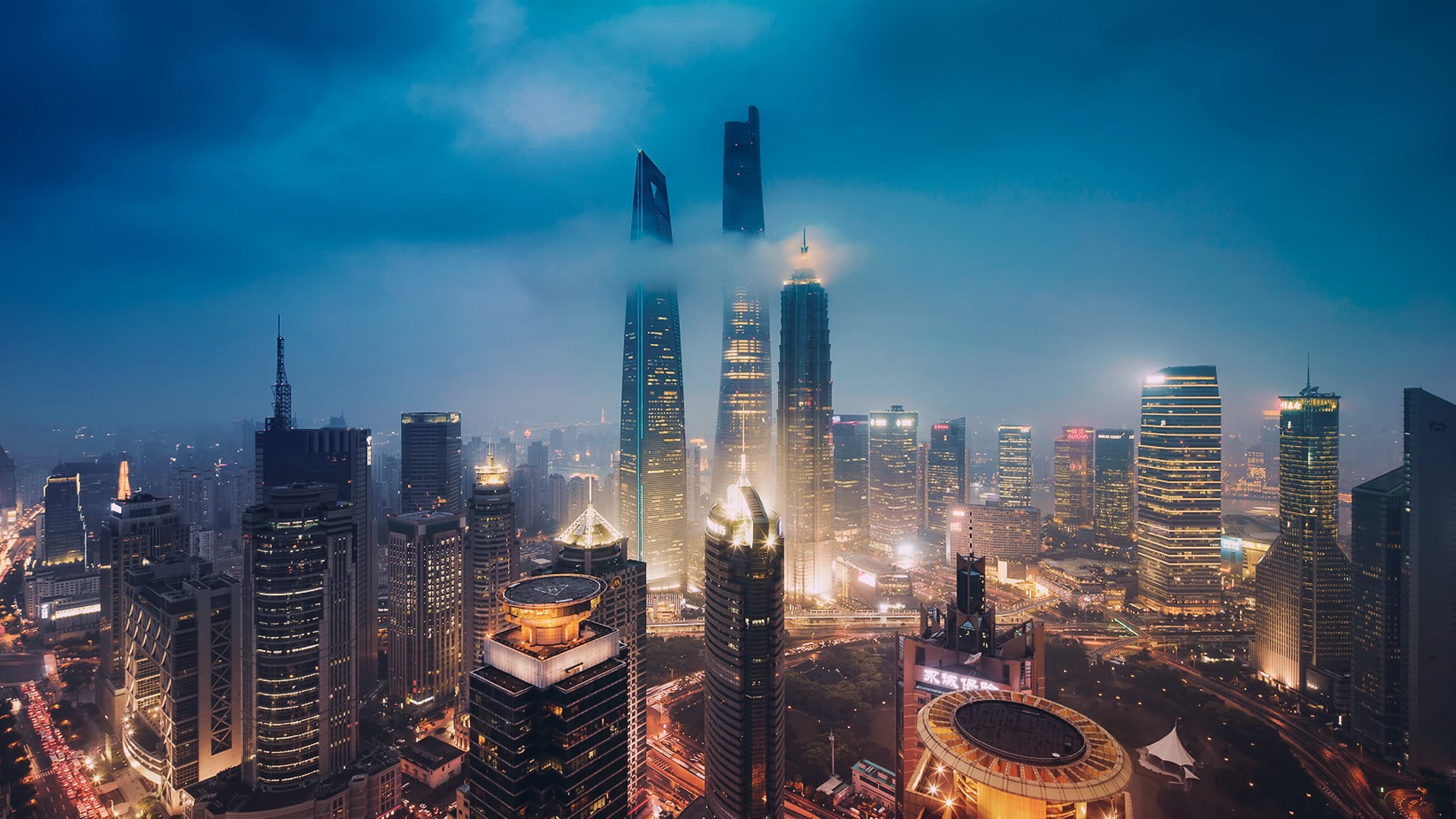 black high-rise buildings, city, skyline, Shanghai, China