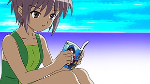 female anime with purple short hair reading manga digital wallpaper
