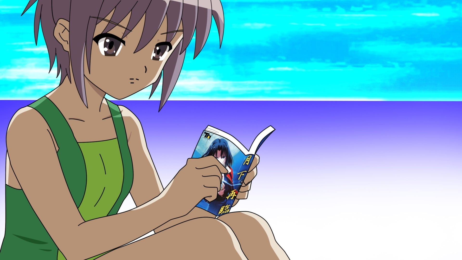 female anime with purple short hair reading manga digital wallpaper