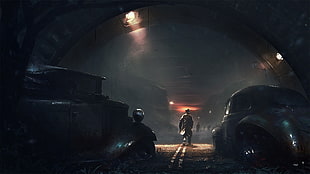video game wallpaper, artwork, noir, classic car, apocalyptic