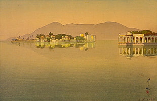 castle surrounded by body of water painting, Yoshida Hiroshi, artwork, Japanese, painting