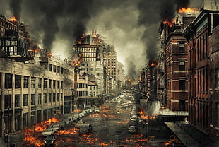 city in fire during dawn painting HD wallpaper