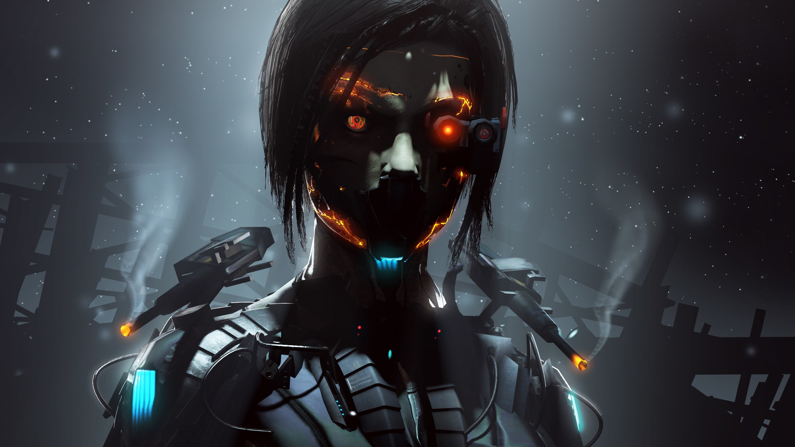 robotic woman with laser cannons graphic illustration