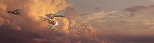 gray rocket ship flying on sky, Futurama, spaceship, dual monitors