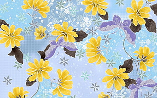 purple white blue and black floral textile