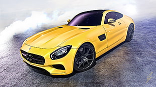 yellow Mercedes-Benz AMG on gray road near smoke HD wallpaper