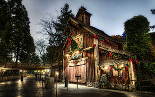 brown wooden house with Christmas decorations, landscape