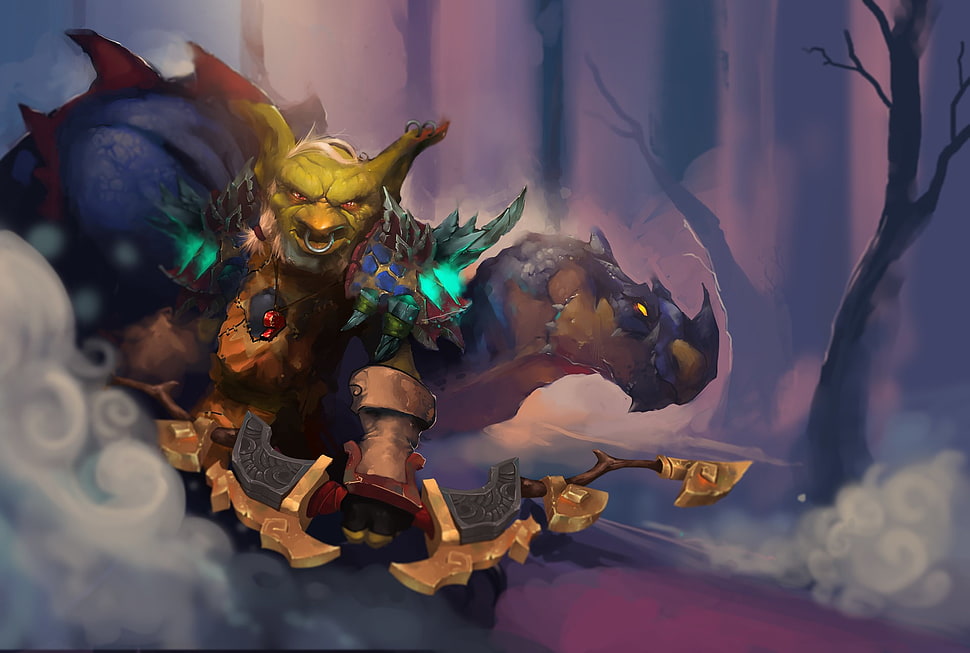 green monster character with camel digital wallpaper, fantasy art, World of Warcraft, goblin HD wallpaper