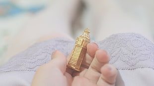 person holding gold-colored building jewelry