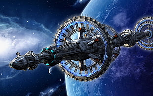 black spaceship, spaceship, space station, science fiction, artwork HD wallpaper